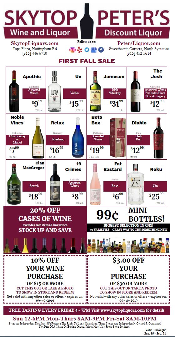 Liquor & wine special sale- syracuse NY september 15 2019