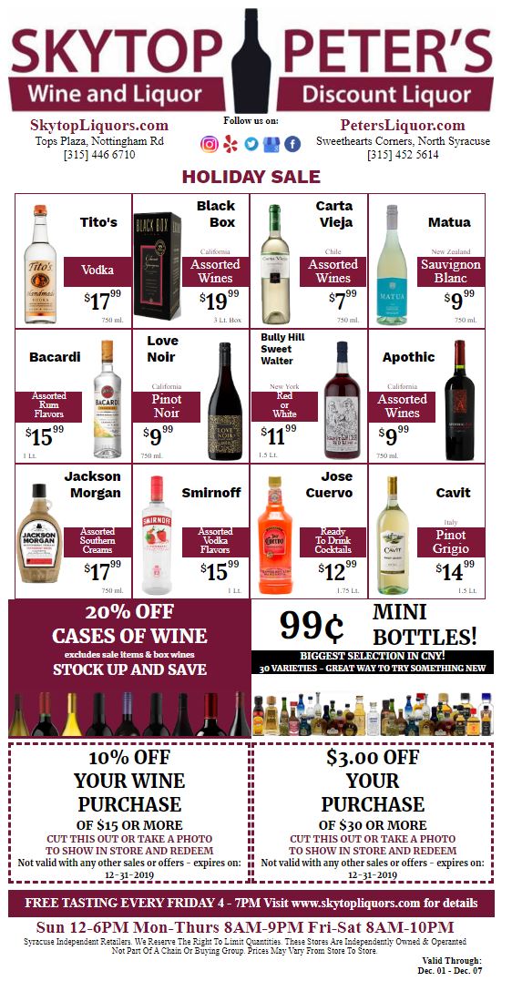 syracuse new york holiday sale liquor and wines