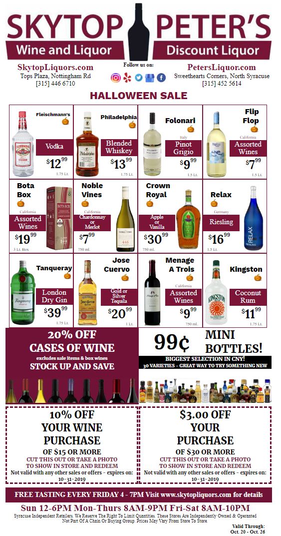 Liquor & wine special sale- syracuse NY October 2019